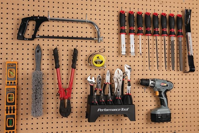 Performance Tool W1705 Pliers Set with Rack (10 Pieces) - Double Dipped Grip Handles, Heat-Treated Alloy Steel, Free Standing or Pegboard Hanging, Machined Jaws, Induction Hardened Cutting Edges