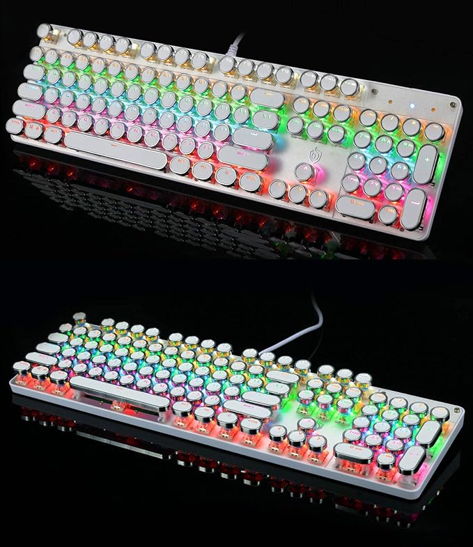 YSCP Typewriter Style Mechanical Gaming Keyboard Rainbow Backlit Wired with Blue Switch Retro Round Keycap 104 Keys Keyboard (L-White)