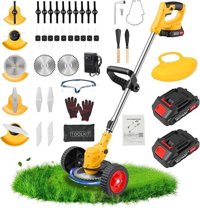 24V Cordless Weed Wacker with 2×2000mAh Batteries & Fast Charger, 3-in-1 Lightweight Brush Cutter/Lawn Edger/Grass Trimmer, 5 Types Blades & Wheels for Yard Garden Maintenance