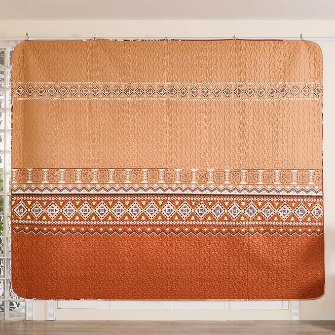 WONGS BEDDING Burnt Orange Boho Quilt Set Full,3 PCS Summer Quilt Bedspread Lightweight Geometry Printed Coverlet Set with 2 Pillowcase,Soft Bohemian Bedding Set 78''×90''