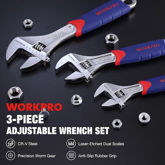 WORKPRO 3-piece Adjustable Wrench Set CR-V with Rubberized Anti-Slip Grips 10-inch, 8-inch, 6-inch