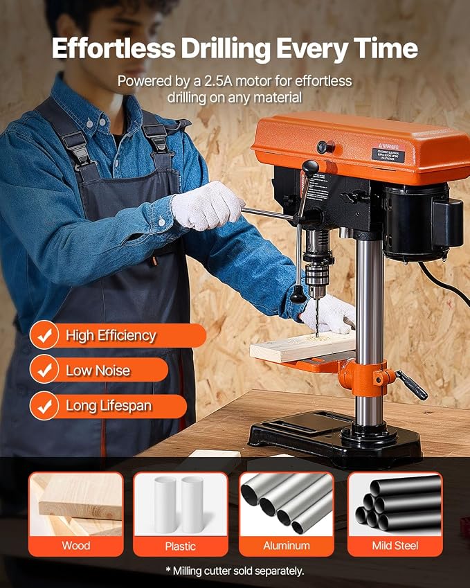 VEVOR 8 in Benchtop Drill Press, 2.5A Induction Motor, Tabletop Drilling Machine with 750/1140 / 1740/2340 / 3200 RPM Adjustable Speed, 0-45° Tilting Worktable, LED Work Light, for Wood Metal