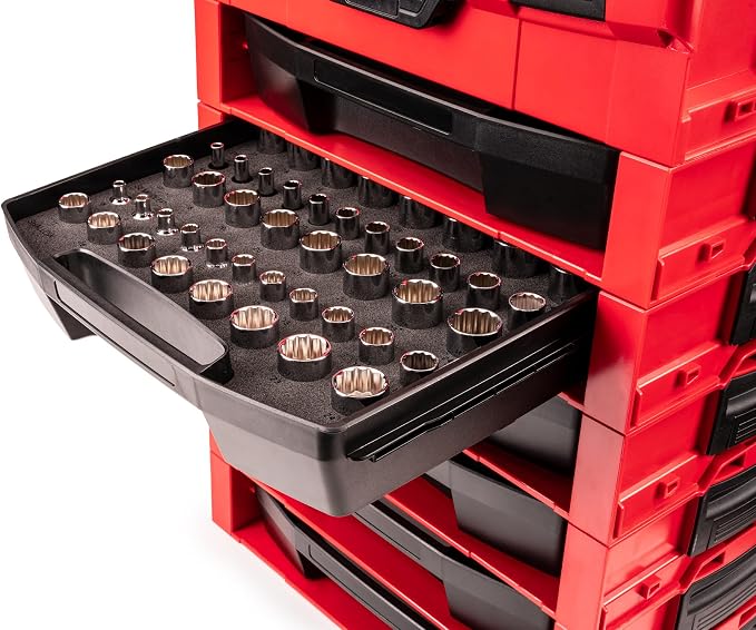 TEKTON 3/8 Inch Drive 12-Point Socket Set, 57-Piece | SHD91702 | (6 - 24 mm), Shallow, Semi-Deep, and Deep, Stacking Organizer, Custom Foam