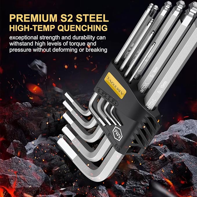 AMTOVL 27-Piece Magnetic Allen Wrench Set, S2 Steel SAE Metric & Torx | Hex Key Set Extra-Long Ball End Allen Keys with T-Handle, Color-Coded L-Key Set for Bike, Auto & DIY Repair