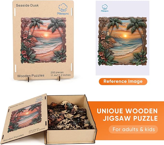 Pikoqunc Seaside Dusk Wooden Puzzles,503 Pieces16.1x15.8 Inches,Laser-Cut Art Jigsaw with Challenging Irregular Pieces,Relaxing Brain Teaser and Elegant Gift for Adults and Puzzle Lovers