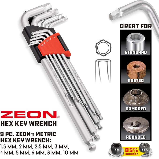 Powerbuilt 9 Piece Metric Hex Key Wrench Set for Damaged Fasteners, Standard, Grip Rusted, Rounded Bolts, Sizes 1.5mm to 10mm, Extra-Long L-Handles with Ball Ends - 240095