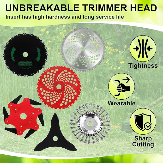 Duraaamo 7 Pcs Brush Cutter Kit Include 9" x 36T Carbide Tipped Blades, 9" x 20T, 10" x 3T and 10" x 80T Blades with Adapter Kit, 8 Inch Steel Wire Rotary Head and Trimmer Head Replacement