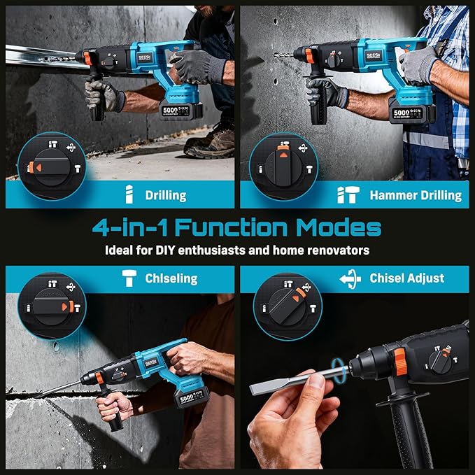 Seesii 1" Cordless SDS-Plus Rotary Hammer Drill with 2x5.0Ah Batteries, 3.2J Impact Energy Brushless Motor, 4-Mode with Kickback protection, Chisels, Drill Bits for Concrete Drilling & Home Renovation