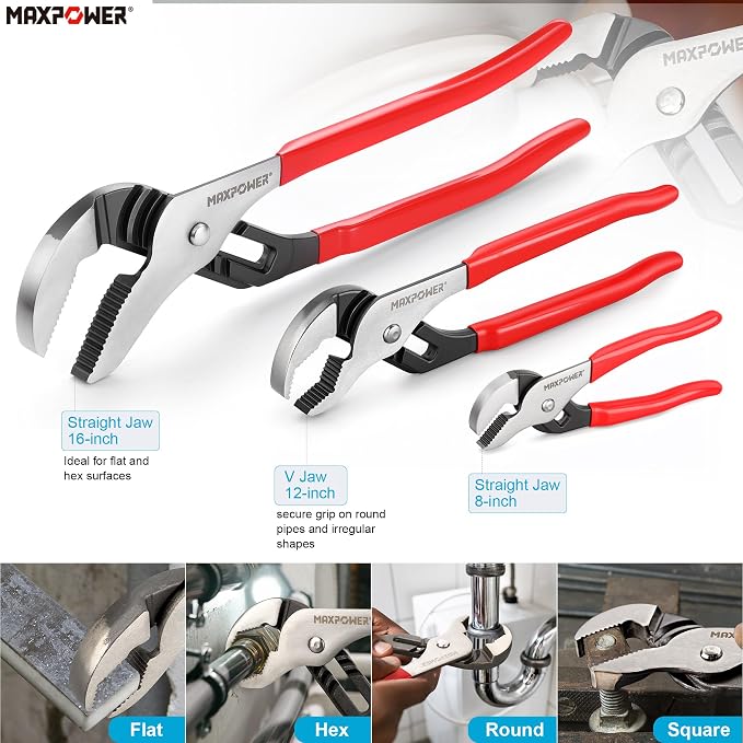 MAXPOWER 8 12 16-inch Groove Joint Pliers, Quick Adjustment Pliers Set | Jaw Capacity 1.06" 2.36" 3.34", Rubber Handle, Forged Alloy Steel