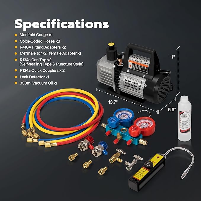 VIVOHOME 110V 1/3 HP 4CFM Single Stage Rotary Vane Air Vacuum Pump and AC Manifold Gauge Set Kit with Leak Detector for R134a R12 R22 R502 R410a HVAC Air Conditioning Refrigeration Recharging, Black