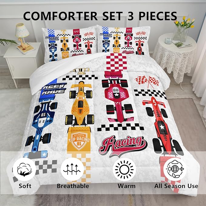 Axolotl Racing Car Comforter Set King Size,Colorful Sports Car Bedding Set for Kids Boys Teen Adult,Extreme Speed Race Bedding,Cars Theme Bedroom Decor with 1 Comforter and 2 Pillowcases