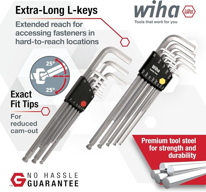 Wiha 66993 Ball End Hex L-Key Sets, 2-Pack, Inch and Metric | 22 Piece Total, Black, Extra-Long Reach, Chrome-V-Moly Steel