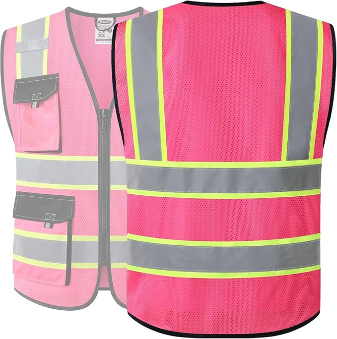JKSafety Hi Vis Reflective Safety Vests for Men Women High Visibility Vest with Pockets Mesh Fabric Construction Safety Apparel Neon Vest for Work (220-Pink XL)