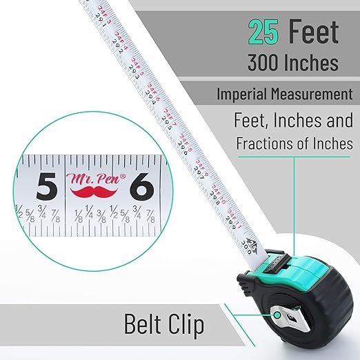 Mr. Pen- Retractable Tape Measure 25 ft, Turquoise Blue, Easy Read, Steel Retractable Measuring Tape with Fractions, Ideal for Construction & DIY Projects