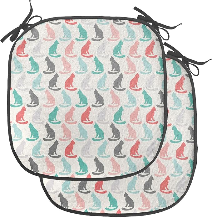 Lunarable Cat Chair Seating Cushion Set of 2, Pattern of Sitting Cat Silhouettes Kitten Pet Repetition Simple Illustration, Anti-Slip Seat Padding for Kitchen & Patio, 16"x16", Turquoise Coral Cream