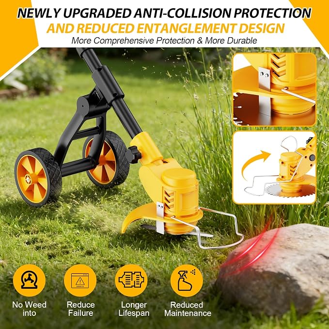 Electric Weed Wacker Cordless, Electric String Trimmer with 3 Types Blades & Removable Auxiliary Wheels, Brush Cutter & Grass Trimmer & Lawn Edger with for Garden Yard (YellowB)