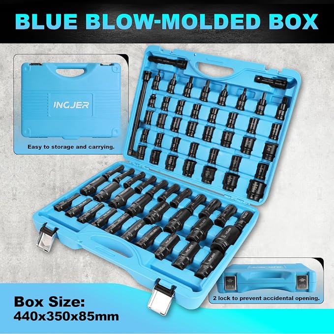 1/2" Impact Socket Set,70PCS SAE/Metric, 1-1/4"/10-24mm, CR-MO Alloy Steel | 6 Point Cr-MO Alloy Steel for Auto Repair, Easy-to-Read Size Markings, Rugged Construction, Storage Case