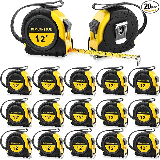 20 Pieces Tape Measure 12 ft Retractable Measuring Tape Bulk with Fractions Marked Easy Read Yellow Measuring Tape Bulk Set for Engineer Contractors, Autowind and Lock