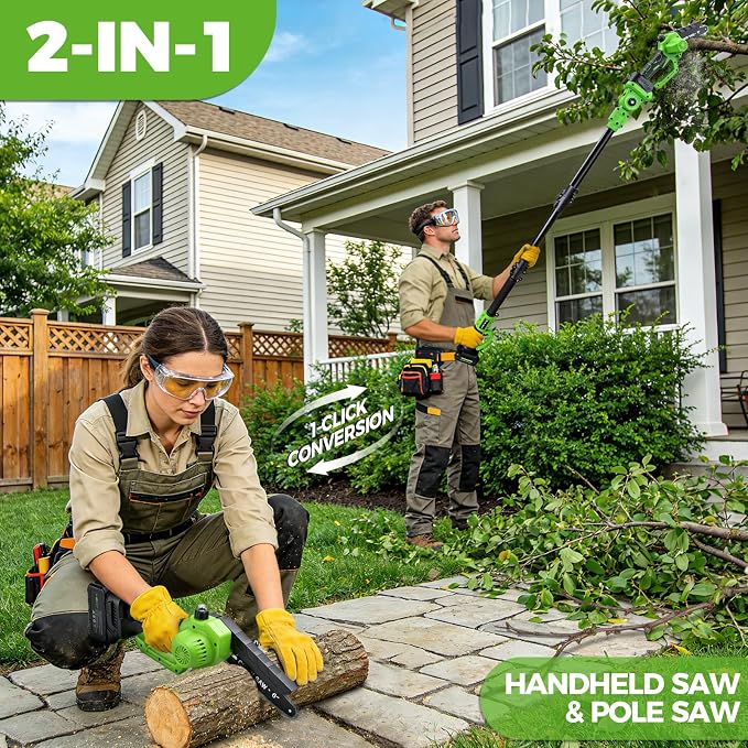 2-in-1 Electric Pole Saws for Tree Trimming, 6 Inch Mini Chainsaw Cordless with Lightweight Extension Pole, 2 * 4.0Ah Battery Powered Pole Chain Saw, 15ft Max Reach for Tree Trimmer Wood Cutting