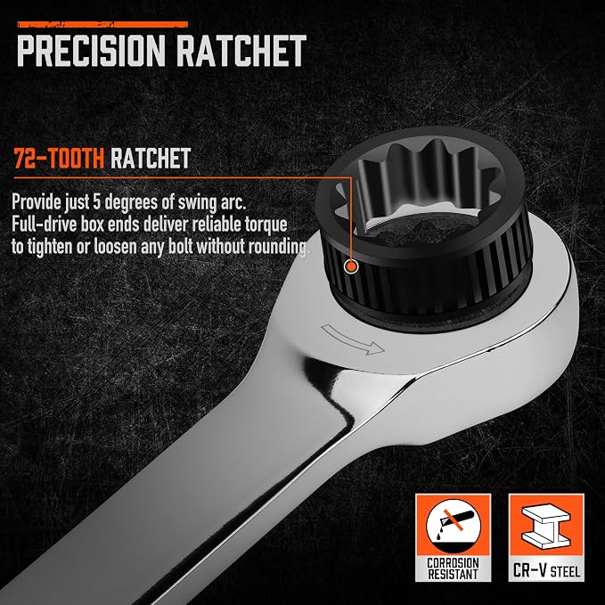 HORUSDY Extra Long Ratcheting Wrench Set, 8-22MM Double Box End, 9-Piece Metric CR-V Steel, with EVA Foam Tool Organizer