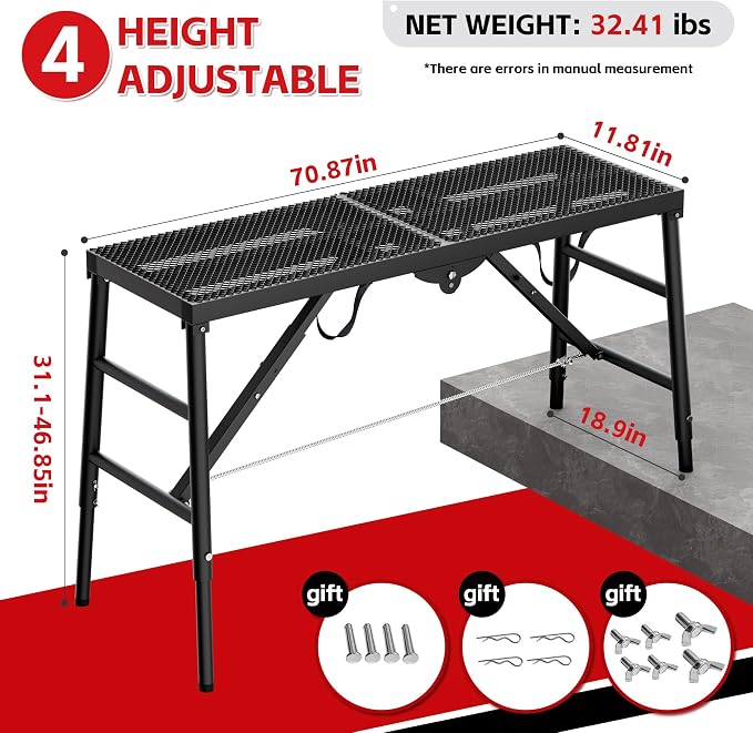 Scaffolding Platform 11.81"x70.86" Adjustable Work Platform Support 660 lbs Portable Scaffold 5 Gear Adjust Height 31 to 46 inches Folding Ladder Step Stool Non Slip (70.86"x11.81")