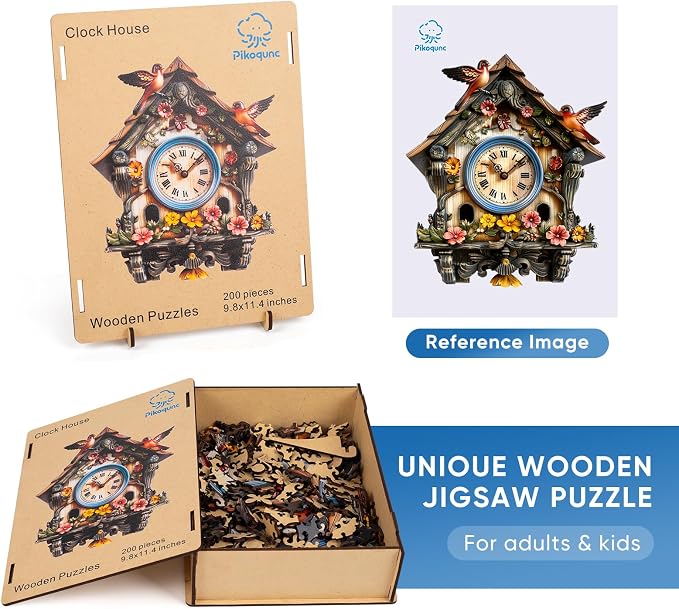 Pikoqunc Wooden Jigsaw Puzzles, Clock House Wooden Puzzles for Adults 500 Pieces with Birds, Unique Vintage Wood Puzzle for Home Décor, Perfect Holiday, 15.2’’ x 17.7’’ Family Game