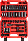 96-Piece 3/8" Drive Impact Socket Wrench and Bit Set, SAE 5/16”-3/4” & Metric 8-22mm, Cr-V Standard & Deep Sockets, Power Bits, Ratchet Handle, Universal Joint, Bit Holder, Adapters, Spark Plug Socket