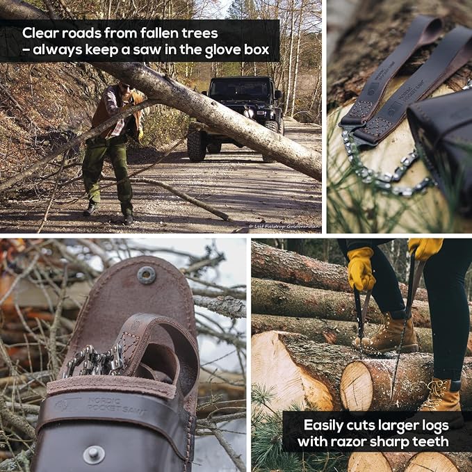 Nordic Pocket Saw for Camping - 25.6 Inch Pocket Chainsaw with 33 Bi-Directional Teeth - Made in Sweden with Organic Leather Handles and Case- Survival Saw and Emergency Saw for Clearing Trails