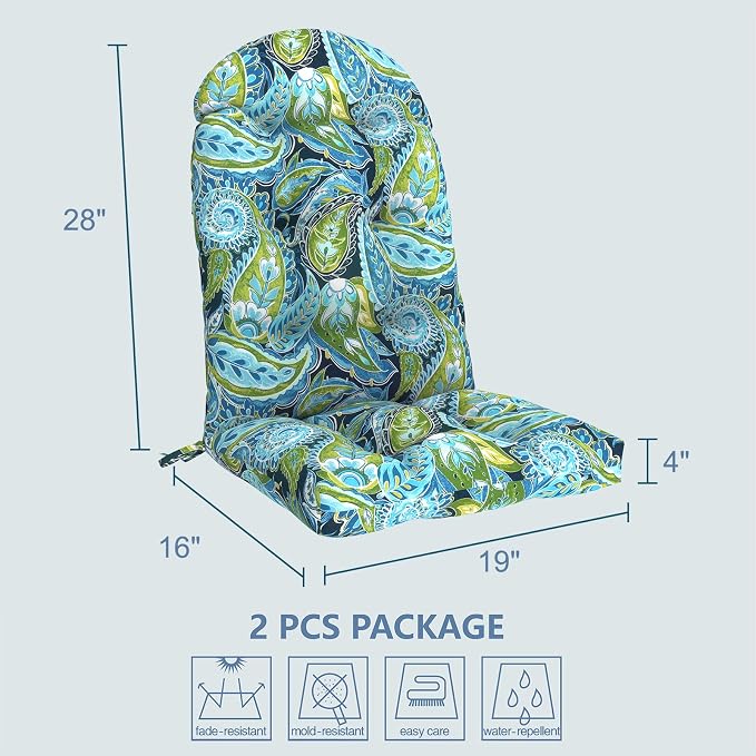 LVTXIII 2 Pack Outdoor Adirondack Chair Cushions, 44x19x4 Inch Water Repellent Patio Cushions for Rocking Chairs, Thick Tufted High Back Seat Cushion Set, Paisley Lapis Green