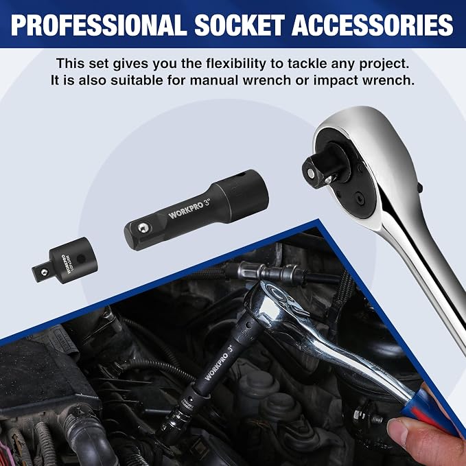 WORKPRO 9-Piece Impact Socket Extension Set, 1/4", 3/8" & 1/2" Drive, CR-V | 3/8" Drive Extension Bar Set, Universal Joints and Adapters, Black Phosphate Finish