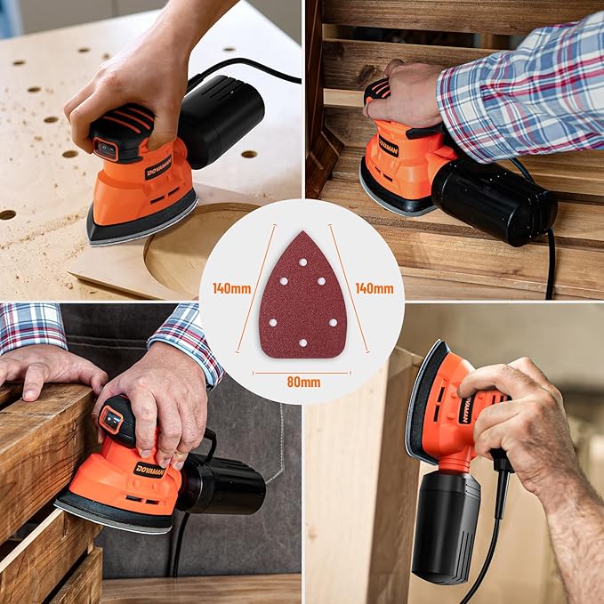 DOVAMAN 130W Detail Sander, 12000RPM Palm Sander Tool, Dust Collection System, 12PCS Sandpaper, Compact Hand Tool for Wood Steel Surfaces