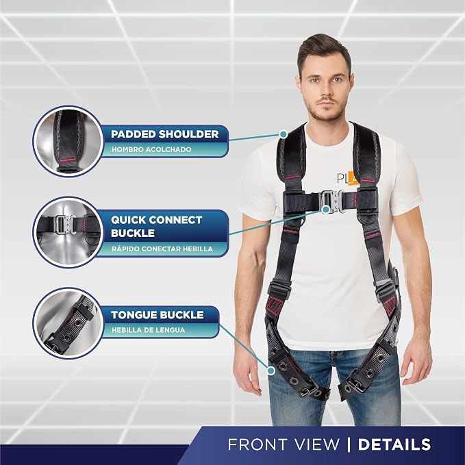 Full Body Harness with 5 Point Adjustment, Dorsal D-ring, Grommet Legs, Two Side D Rings, and Fall Indicators