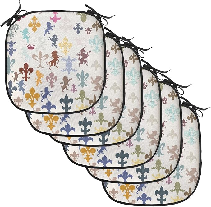 Lunarable Fleur De Lis Chair Cushion Pads Set of 6, Pattern with Lions Horses Griffins Unicorn and Royal Flower Fantasy Art, Anti-Slip Seat Padding for Kitchen & Patio, 16"x16", Ivory Multicolor
