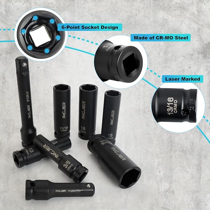 1/2" Impact Socket Set, 29PC Deep impact socket set, CR-MO SAE and Metric | 3/8-1" & 10-24mm ,6 Point, Standard & Deep Sockets with Extension Bars, High Torque, Ideal for Truck Bearing Locknut