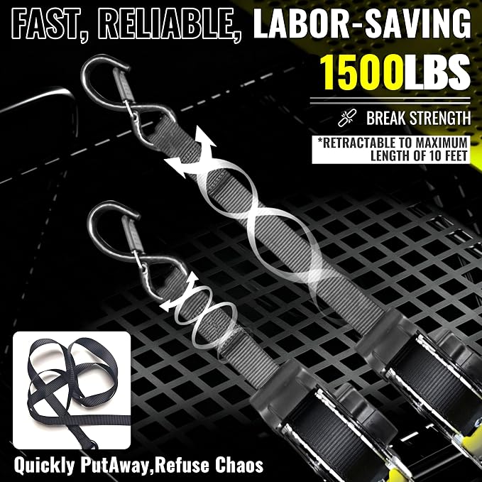 KJE Retractable Ratchet Straps, (4)1"x10' Automatic Straps + (4)Soft Loops | 1,500lb Break Strength, Self Retracting Design, S-Hook with Clip, T Handle, For Motorcycle, Kayak, ATVs, Trailer Tie Downs