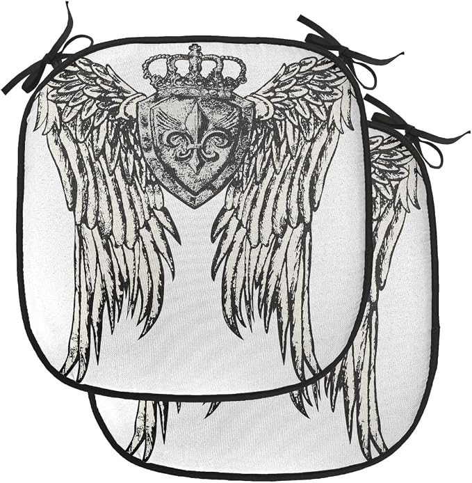 Lunarable Fleur De Lis Chair Cushion Pads Set of 2, Tribal Tattoo Design with Wings Historic Crest Crown and Eagle, Anti-Slip Seat Padding for Kitchen & Patio, 16"x16", Eggshell Black