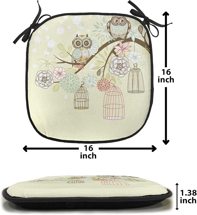 Lunarable Owls Chair Cushion Pads Set of 6, Winter Floral Background Blossoms Owls Out of Their Cages Birdcage Freedom, Anti-Slip Seat Padding for Kitchen & Patio, 16"x16", Pale Green Brown White