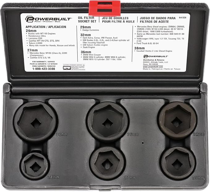 Powerbuilt 6 Piece Low Profile Oil Filter Socket Set, 3/8" Drive 24mm 27mm 29mm 32mm 36mm 38mm Oil Filter Wrench Set, for Mercedes Benz, VW, BMW, GM, Opel, Dodge - 641326