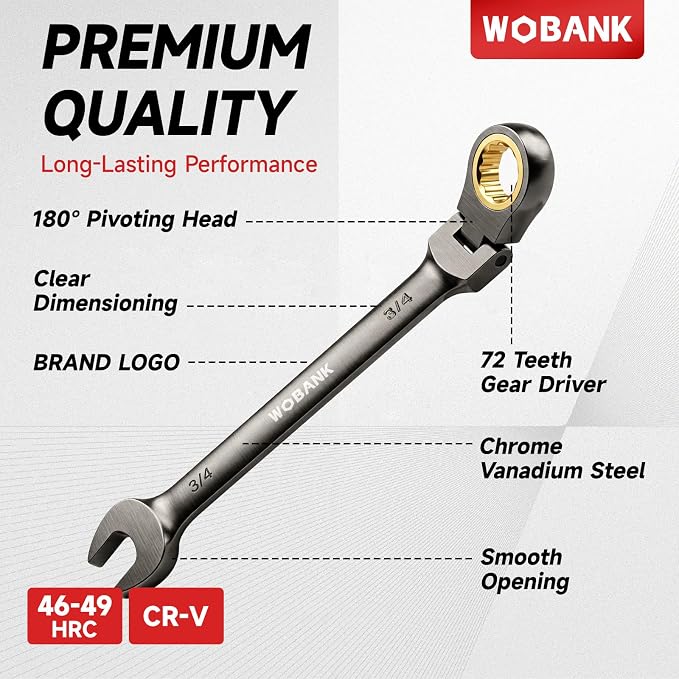 22-Piece Ratcheting Wrench Set, Flex Head Combination Wrenches Set with Organizer Box, Metric 8-19mm and SAE 1/4" to 3/4" Size, 12 Points 72-Teeth, Nickel Plating