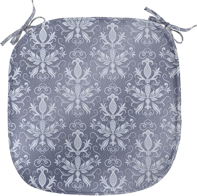 Lunarable Damask Chair Seating Cushion, Medieval Repetitive Pattern with Flourish Ornaments, Anti-Slip Seat Padding for Kitchen & Patio, 16"x16", Purpleblue Ceil Blue