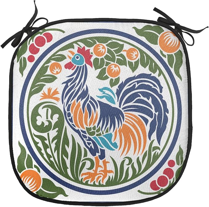Lunarable Gallus Chair Cushion Pads Set of 2, Rooster Earth Fruit Growth Harvest Dandelion Vegetables, Anti-Slip Seat Padding for Kitchen & Patio, 16"x16", Olive Green Night Blue