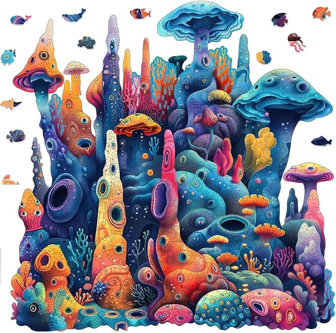 Qiuenisray Wooden Puzzles for Adults, Coral Ocean Jigsaw Puzzles 200 Pieces, FSC Certified Beautiful Wall Decor Puzzles, Unique Animal Shape Puzzle, Creative Gift for Family Game 11x11.2 in