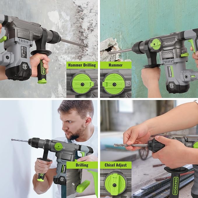 WORKPRO 1-1/4 Inch SDS-Plus Rotary Hammer Drill, 12.5AMP, Heavy Duty Corded Version for Concrete Demolition Chipping Rotomartillo, 5 SDS-Plus Bits