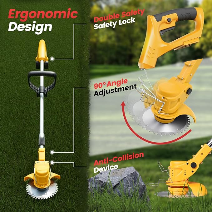 24V Cordless Weed Wacker with 2×2000mAh Batteries & Fast Charger, 3-in-1 Lightweight Brush Cutter/Lawn Edger/Grass Trimmer, 5 Types Blades & Wheels for Yard Garden Maintenance
