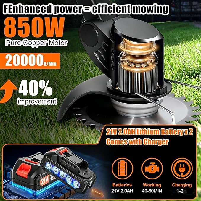 Electric Weed Wacker Cordless, 21V Lightweight Stringless Weed Wacker, Weed Trimmer, 3-in-1 Grass Trimmer/Brush Cutter/Edger, with Wheels,2pcs Batteries&4 Types Blades for Thick Weeds&Yard Garden