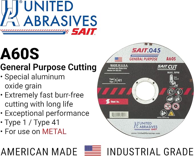 United Abrasives-SAIT 23103 A60S General Purpose Cut-Off Wheels (Type 1/Type 41 Flat) 5" x .045" x 7/8", 50-Pack