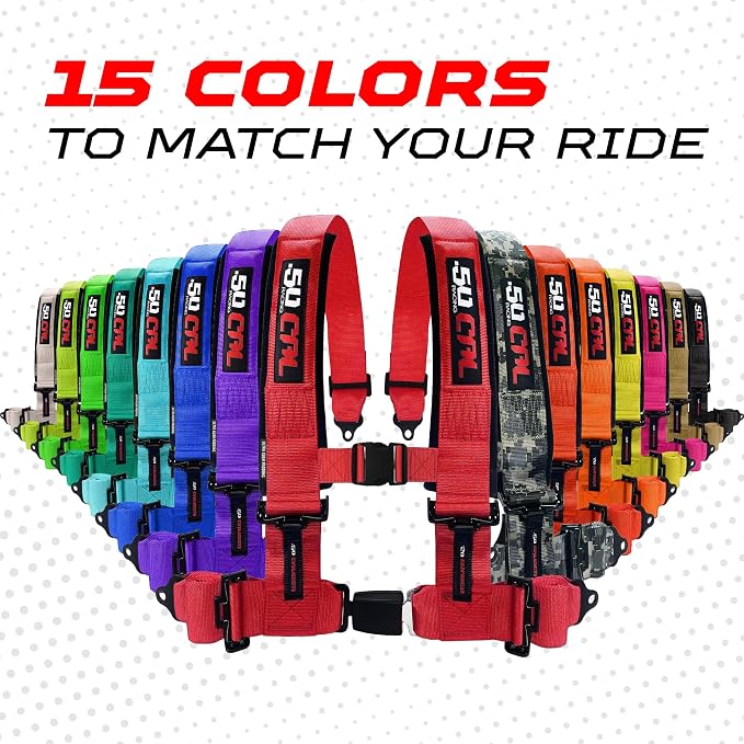 1pc 50 Cal Yellow 4 Point Harness 2in Straps, Racing Harness Seat Belt | Ultra Kush padding, Push Button quick release hardware. Universal Fit for UTV, RZR, race car.