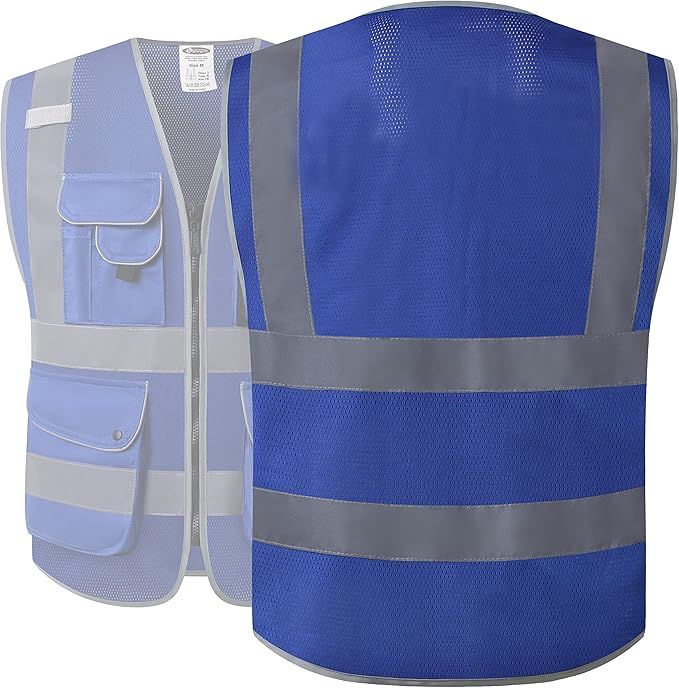 JKSafety 9 Pockets High Visibility Safety Vest for Men and Women, Hi-Vis Reflective Blue Safety Vests with Zipper Front, Meet ANSI/ISEA Standards (159-Blue XXL)