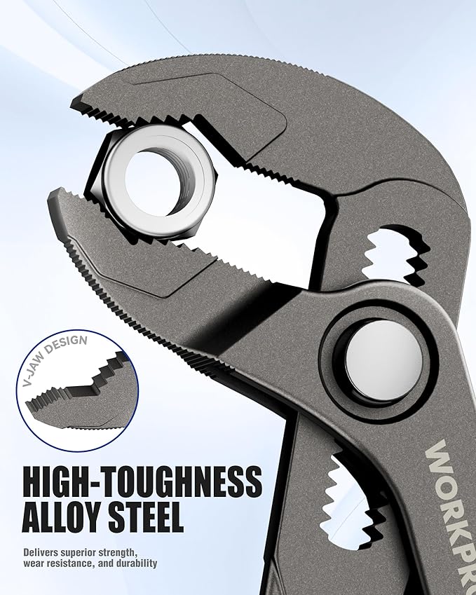 WORKPRO Mini Water Pump Pliers, 4-Inch Groove Joint Pliers, Fast Adjustable Tongue and Groove Plier with 15-Position Push-Lock, V-Jaw for Multi-Surface Grip, EDC Plier for Tight Spaces & Versatile Use