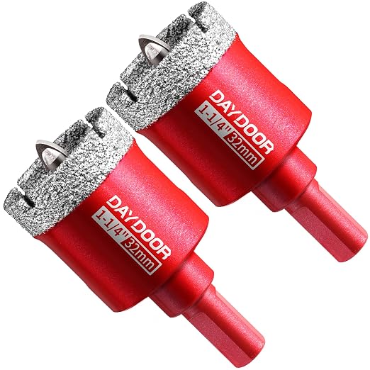DAYDOOR 1-1/4" Diamond Hole Saw Bits with Pilot Drill Bit-2pcs 32mm Diamond Tile Hole Saw with Guiding Bit for Porcelain Tile Ceramic Pottery Granite Stone Glass Bottles(3/8" Triangle Shank)